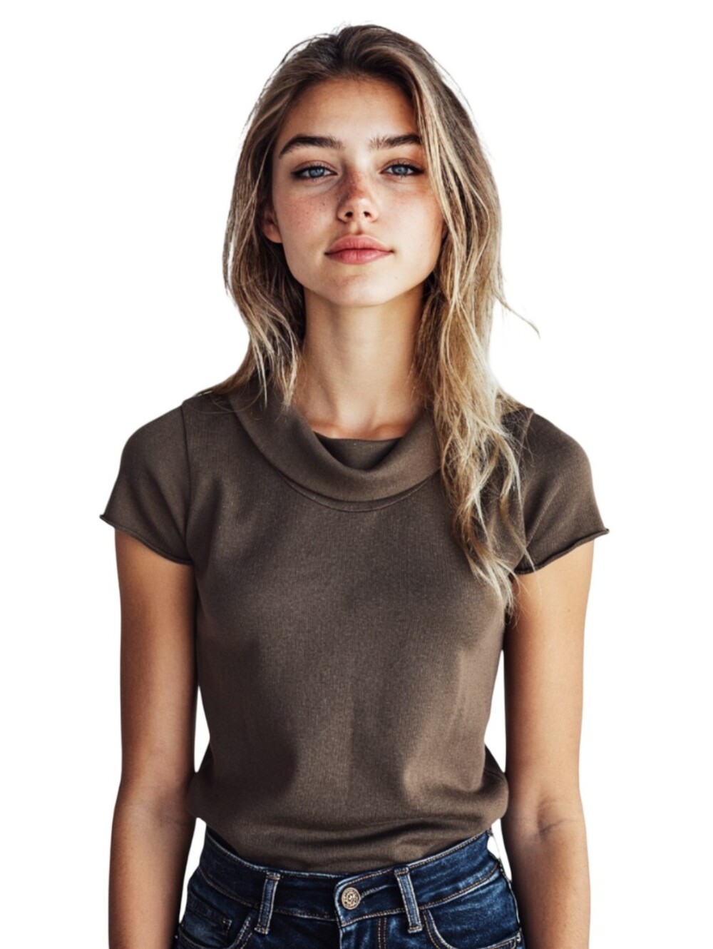 Women's Short-Sleeve Cowl Neck Sweater Top - Olive